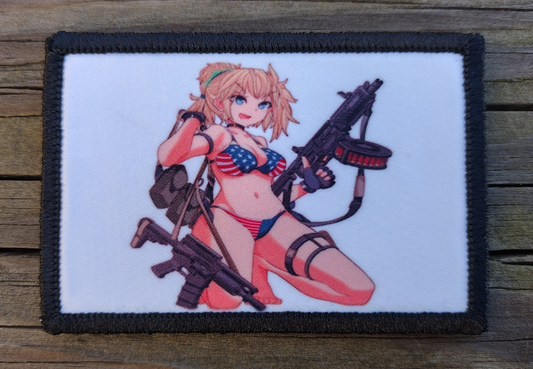 Anime Blonde Girl With Guns Holding Rifles Morale Patch