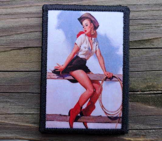 Pinup Cowgirl Sitting On Fence Morale Patch